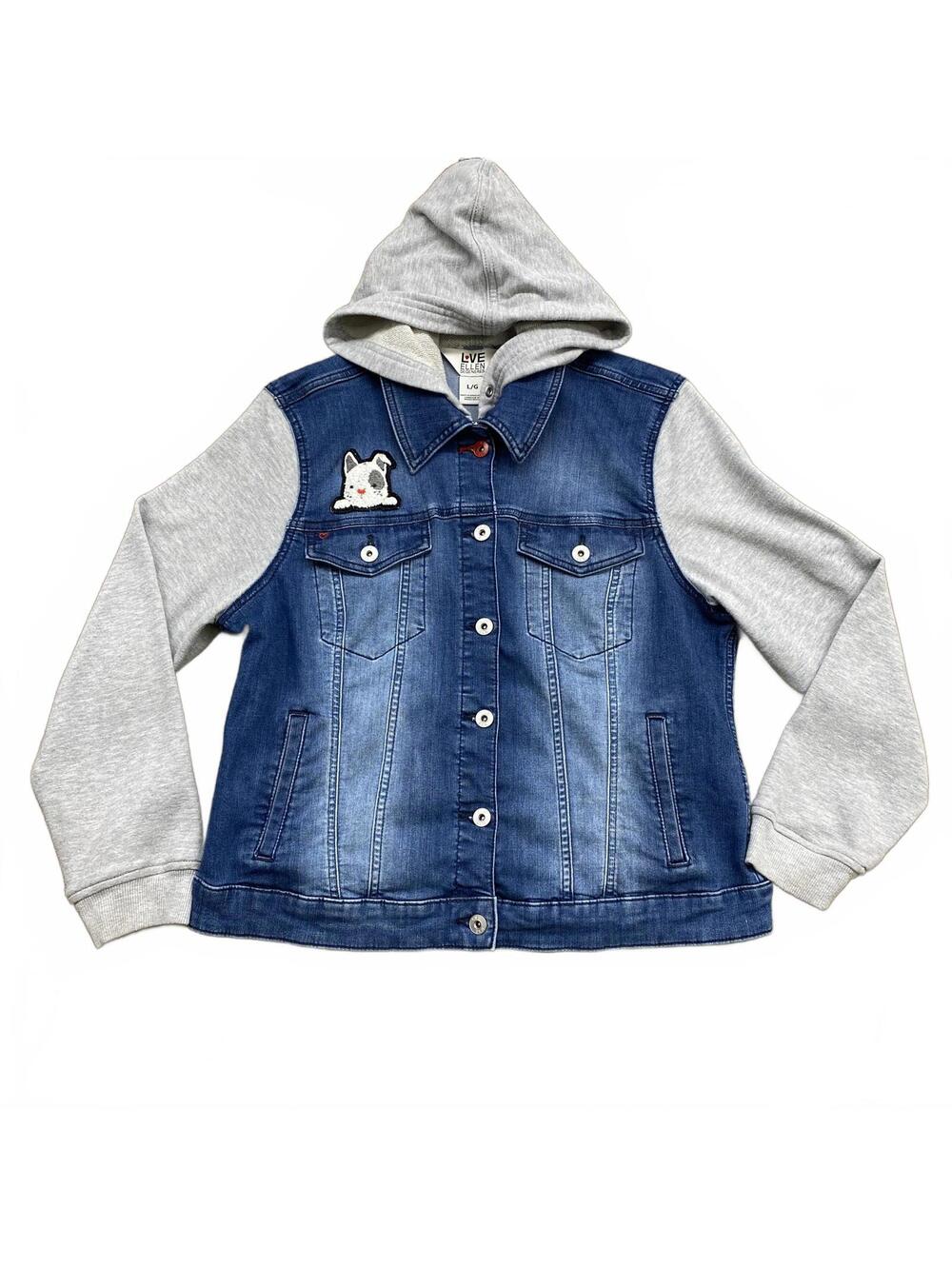 Love Ellen DeGeneres Denim Hoodie Jacket Women's L Gray Sleeves Puppy Patch